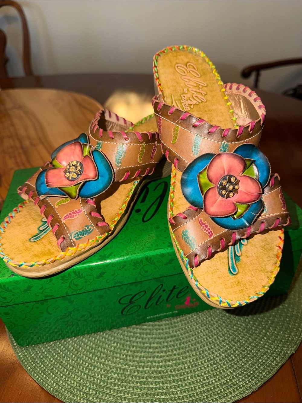 Elite Women’s Tan Floral Leather Sandals in Pink & Blue